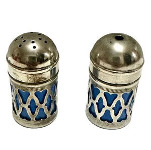 Silver Plated EPNS A1 Small Salt & Pepper Shaker Set Blue Plastic Inserts - Picture 1 of 7