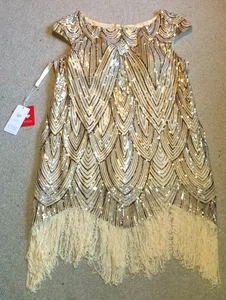 NWT $134 Womens Dress-JJ'S HOUSE-gold sequin sheath 'Vivian' fringe Flapper-26W - Bild 1 von 9