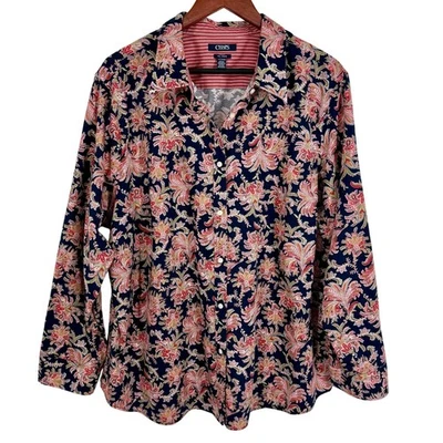 Ralph Lauren Chaps Plus Size 2X No Iron Blue Paisley Blouse Shirt Top Formal - Image 1 of 4