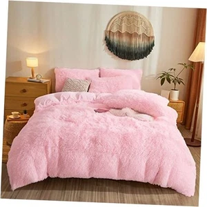 Pink Fluffy Comforter Cover, Ultra Soft Faux Fur Duvet Cover Bedding Sets 3 - Picture 1 of 7
