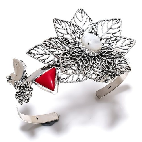 VALENTINO Bracciale in argento sterling 925 pietra di luna arcobaleno pietra preziosa corallo regolabile f832