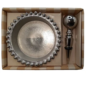 Bombay 2-Piece Wine Bottle Stopper and Coaster Set Nickel Finish Beaded India - Picture 1 of 6