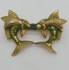 Vintage Kissing Fish Pin Brooch Spain Green Enamel Brass 1.5" Pisces