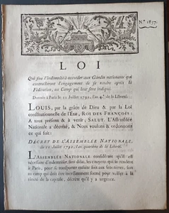 LOIS ARRETES DECRETS - LOI - Indemnité gardes Nationaux - 11 JUILLET 1792 - Imagen 1 de 2