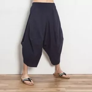 Men Japanese Hip-hop Samurai Trousers Crop Pants Wide Leg Tapered Dancewear Chic - Picture 1 of 17