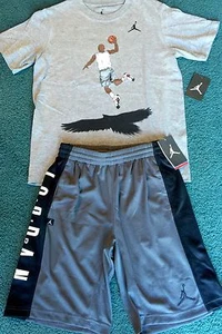 NWT Nike Jordan Boys YLG Gray/Black/White Eagle Dunk Shorts Set Large - Picture 1 of 5