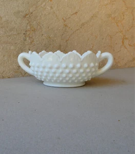 Vintage 70's FENTON Hob Nail Milk Glass Oval Twin Handle Footed Bon Bon Nut Dish - Picture 1 of 10