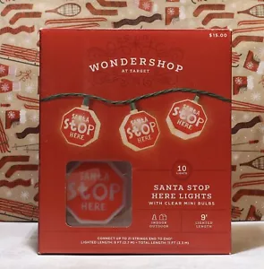 Santa Stop Here Wondershop 10 Lights Clear Mini Bulbs Red Signs 9' #1 - Picture 1 of 8