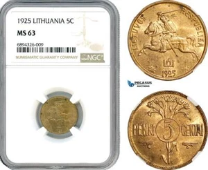 AJ860, Lithuania, 5 Centai 1925, Kings Norton Mint, NGC MS63 - Picture 1 of 1