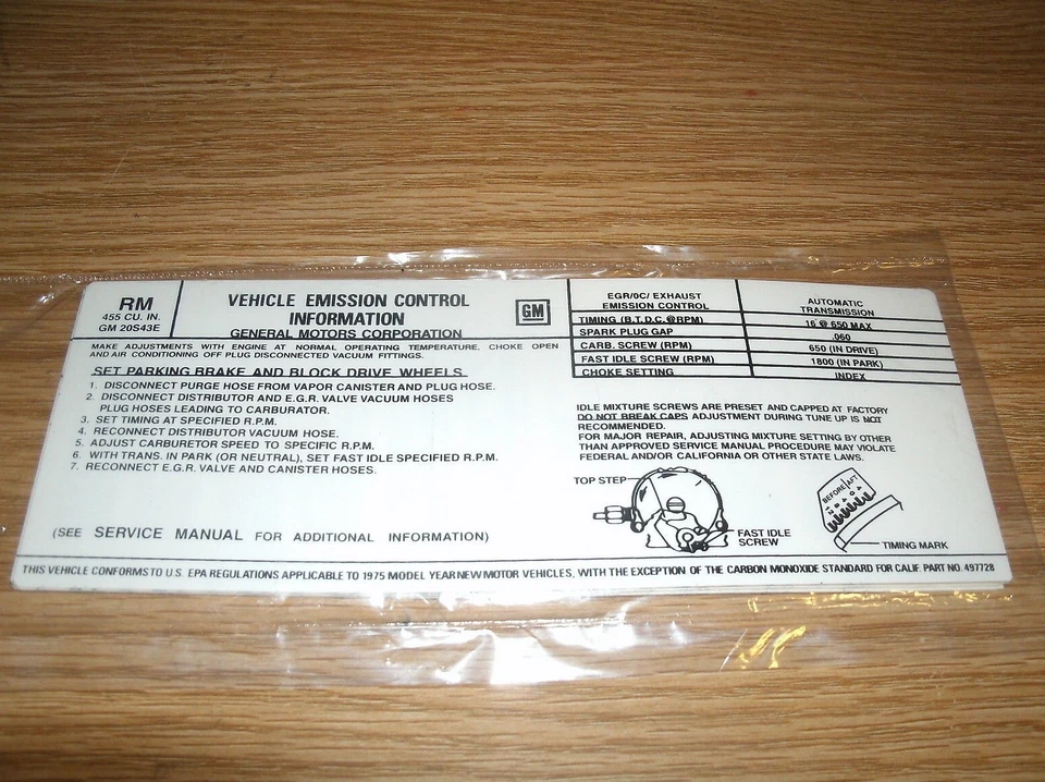 1975 PONTIAC FIREBIRD GRAND AM PRIX LEMANS SAFARI 455 ENGINE EMISSIONS DECAL NEW - Image 1 of 1