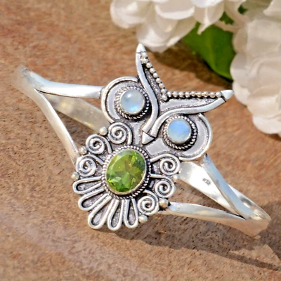 Peridot Cut & Moonstone Gemstone 925 Sterling Silver Bangle For Halloween Party - Image 1 of 4