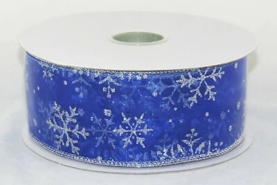 Silver Sparkle Snowflake Sheer Blue Wide Wired Ribbon 50 yards NEW christmas bow - Image 1 of 2