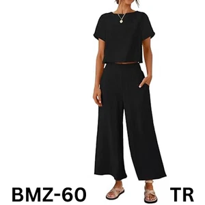 ZESICA Women's 2 Piece Outfits Linen Short Sleeve Crop Top and Wide Leg Pants, S - Picture 1 of 7