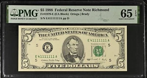 1988 $5 FR 1979-E Federal Reserve Note -Binary 7 of kind in a row 41111111 65EPQ - Picture 1 of 4
