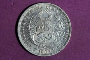 1907 Peru 1/2 Sol Silver Coin #M21558 - Picture 1 of 2