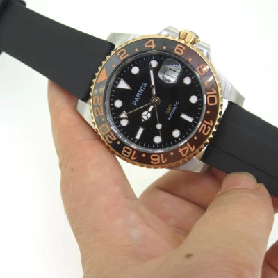 Reloj para hombre Parnis zafiro GMT movimiento automático marcador luminoso correa de goma Foto 1 de 4