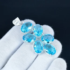 Topazio Blu Lab- Fatto Gemma a Mano 925 Argento Sterling Etnico Ciondolo Regali - Foto 1 di 4