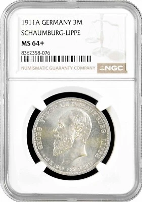 Schaumburg-Lippe 3 mark 1911 A, NGC MS64+, "Prince Albrecht Georg (1893 - 1911)" - Image 1 of 2