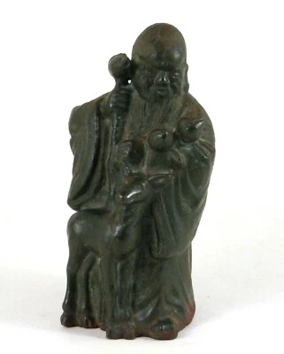 Antique Chinese Cast Iron Longevity Deity Figure Shou Lao w/Deer Peaches Qing 6" - Image 1 of 4