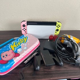 Nintendo Switch OLED Console Neon Pink Yellow JoyCon Dock Kirby Case Bundle