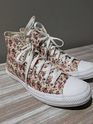 Converse Floral High Tops Pink, Magenta And Cream Size 10 Women's - Image 1 of 4