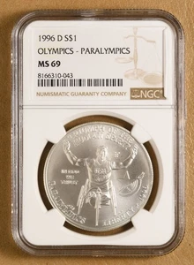 1996 D Paralympics Wheelchair Commemorative Silver Dollar NGC MS69 - Picture 1 of 2