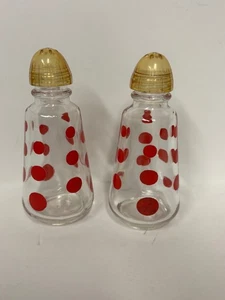Vintage Anchor Hocking Red Polka Dot Salt and Pepper Shakers Clear Glass - Picture 1 of 4