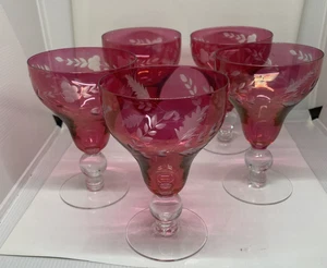 Set of 5 Vintage Bohemian Crystal Cut Cranberry Wine Glasses Goblets - Picture 1 of 6