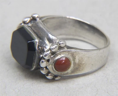 925 Пробы w/черный аметист и красный коралл акценты кольцо размер 8,5 - Изображение 1 из 4
