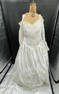 Myer White Satin Beaded Long Sleeve Off Shoulder High Low Wedding Gown Size 14 - Picture 1 of 3