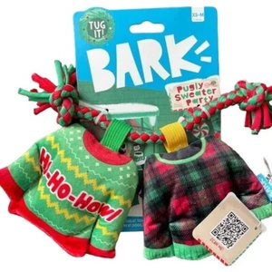 Bark Dog Tug Toy Pugly Sweater Party Squeaker Crinkle Red Green New Holiday Gift - Picture 1 of 4