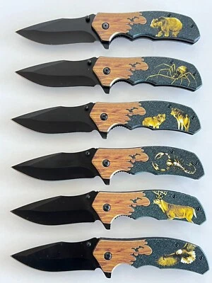 (WHOLESALE LOT x 12) ElitEdge Wood Wildlife Spring Assisted Pocket Knife - A47