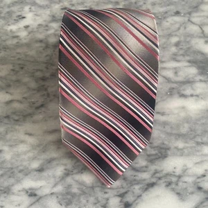 Pronto Uomo Men's 100% Silk Silver Salmon Pink Stripe Print Necktie~3.75" - Picture 1 of 6