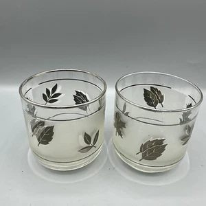 Vintage Libbey Silver Leaf Foliage Old Fashioned Rocks Glasses Frosted MCM Set/2 - Picture 1 of 9