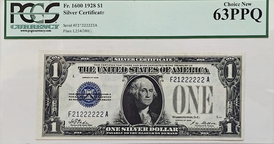 Fr. 1600 $1 1928 Silver Certificate Notes, SERIAL Near SOLID 22222222 - Image 1 of 1