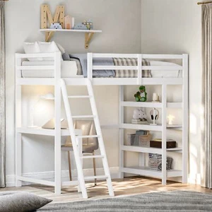 Hochbett 90x200cm Holzbett mit Schreibtisch und Regalen Kinderbett Jugendbett - Bild 1 von 9