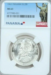 1961 PANAMA SILVER 1/2 BALBOA VASCO NUNEZ DE BALBOA NGC MS 63 FROSTY BLAZER - Picture 1 of 5