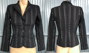 Aziz Black Pinstripe Stretch Womens Short Jacket Blazer Button Rayon Blend - Picture 1 of 13