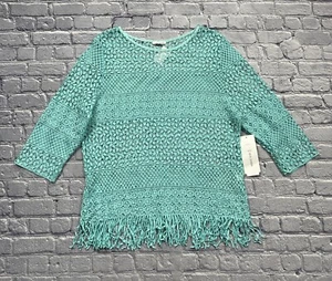 Erin London Crochet Top Blouse Womens XL Turquoise Sheer Fringe Boho Fairy $78 - Picture 1 of 10
