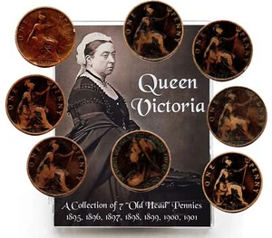 Collection of 7 Queen Victoria "Old Head" Pennies, 1895-1901 (Clear Box) 🇬🇧 - Picture 1 of 3