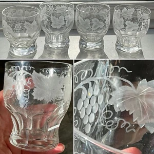 RARE Victorian C1880 SET 4 Engraved Grapevine Whisky Glass Concave Facets 3.25” - Picture 1 of 10
