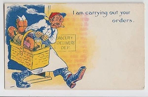 Old COMIC Postcard GROCERY DELIVERY SERVICE Basket of Food - Picture 1 of 1