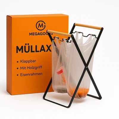 Müllsackhalter klappbar mit Holzgriff Eisen Kunststoff DE. - Bild 1 von 4