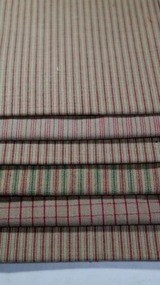 Primitive Red Tan Vintage Stripe Ticking Homespun Rag Quilt Fabric Scrap Lot - Image 1 of 4