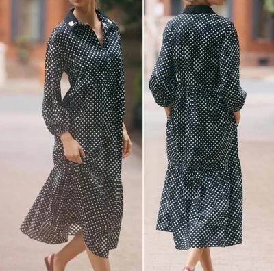 Anthropologie Maeve The Bettina Tiered Shirt Dress Size M Black Dot Swan Midi - Image 1 of 4
