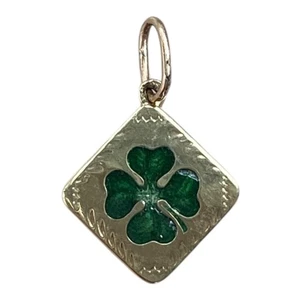 Antique 14K Yellow Gold Enamel Four Leaf Clover Charm Pendant - Picture 1 of 9