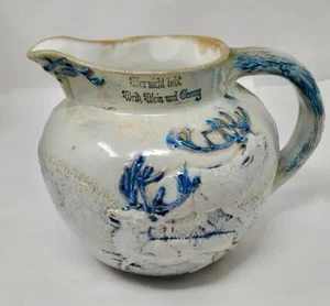 Deutsche Jagdszene Motto blau Steinzeug Salzglasur Krug weiß Utica NY 1890- - Bild 1 von 11