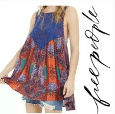 Free People Count Me In Trapeze Tunic Top Dress Size S 4-6 Hot Red Combo - Image 1 of 4