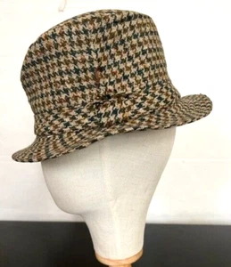 Vtg DAVID HANNA Mens Brown Donegal Houndstooth Tweed Trilby Hat Fedora 7 Ireland - Picture 1 of 14