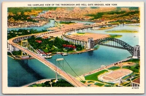 New York City NY 1940s Postcard Airplane View Triborough And Hell Gate Bridges - Picture 1 of 2